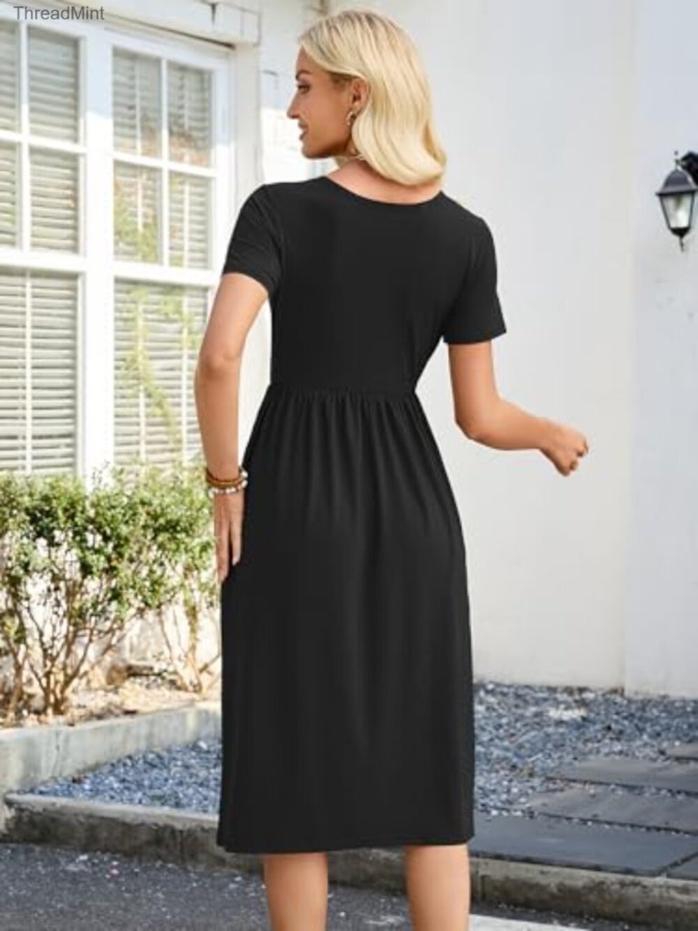 Casual Short Sleeve Midi Dress Crewneck A Line Tiered Flowy Loose Travel Summer - Picture 4 of 5